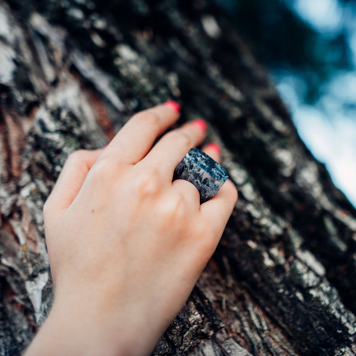Handmade Wood Resin Ring: Landscape Jewelry, 5th Anniversary Gift