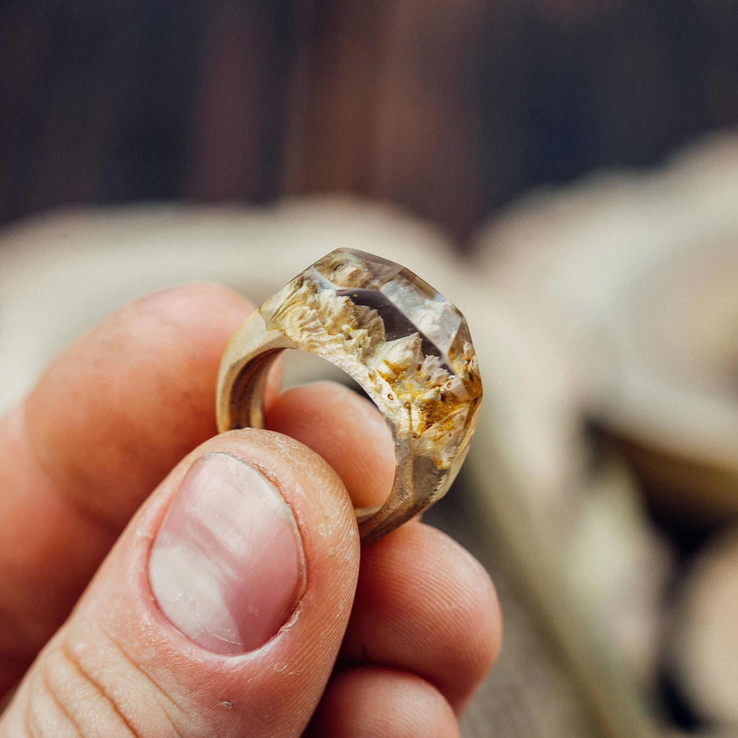 Handmade Exotic Burl Wood Resin Ring, Unique Women's Jewelry
