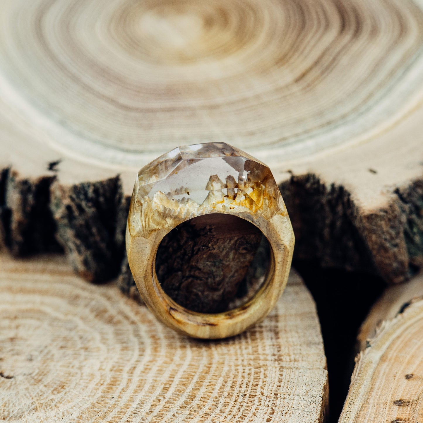 Handmade Exotic Burl Wood Resin Ring, Unique Women's Jewelry