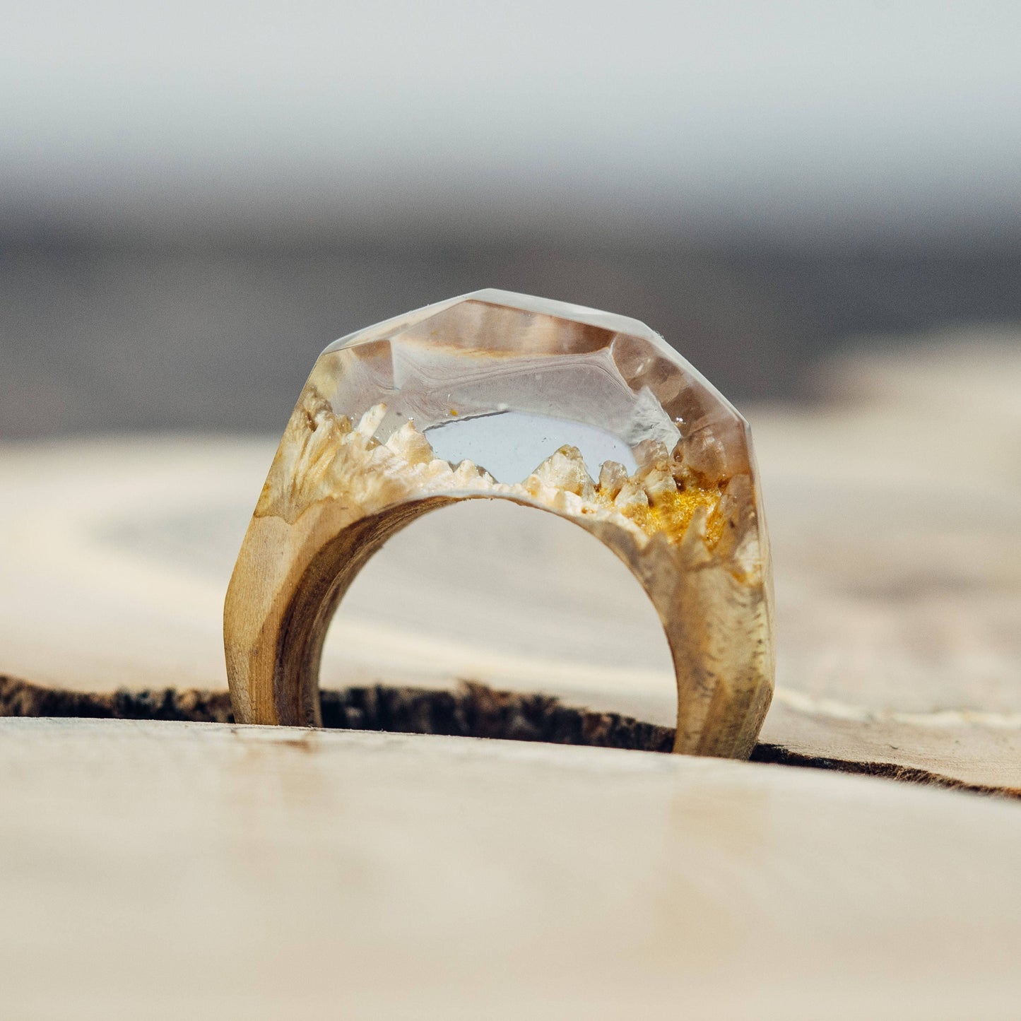 Handmade Exotic Burl Wood Resin Ring, Unique Women's Jewelry