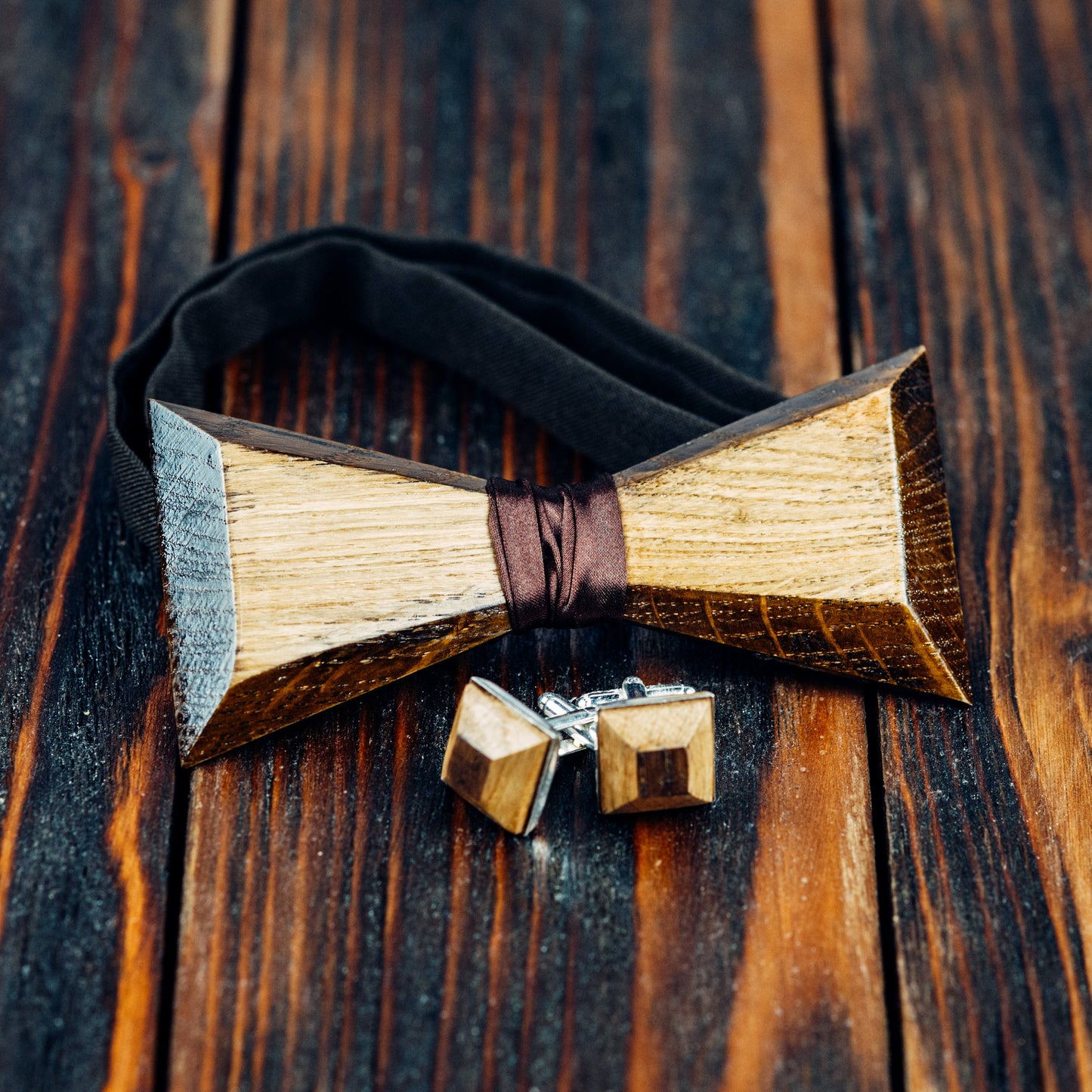 Oak Wooden Bow Tie Cuff Links Set, Handmade Groomsmen Gift