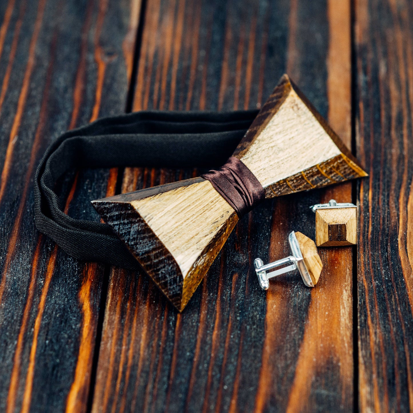 Oak Wooden Bow Tie Cuff Links Set, Handmade Groomsmen Gift