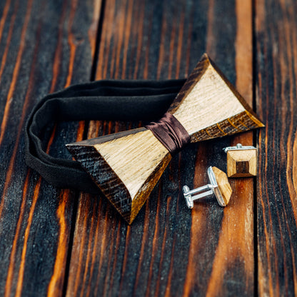 Oak Wooden Bow Tie Cuff Links Set, Handmade Groomsmen Gift