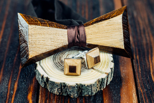 Oak Wooden Bow Tie Cuff Links Set, Handmade Groomsmen Gift