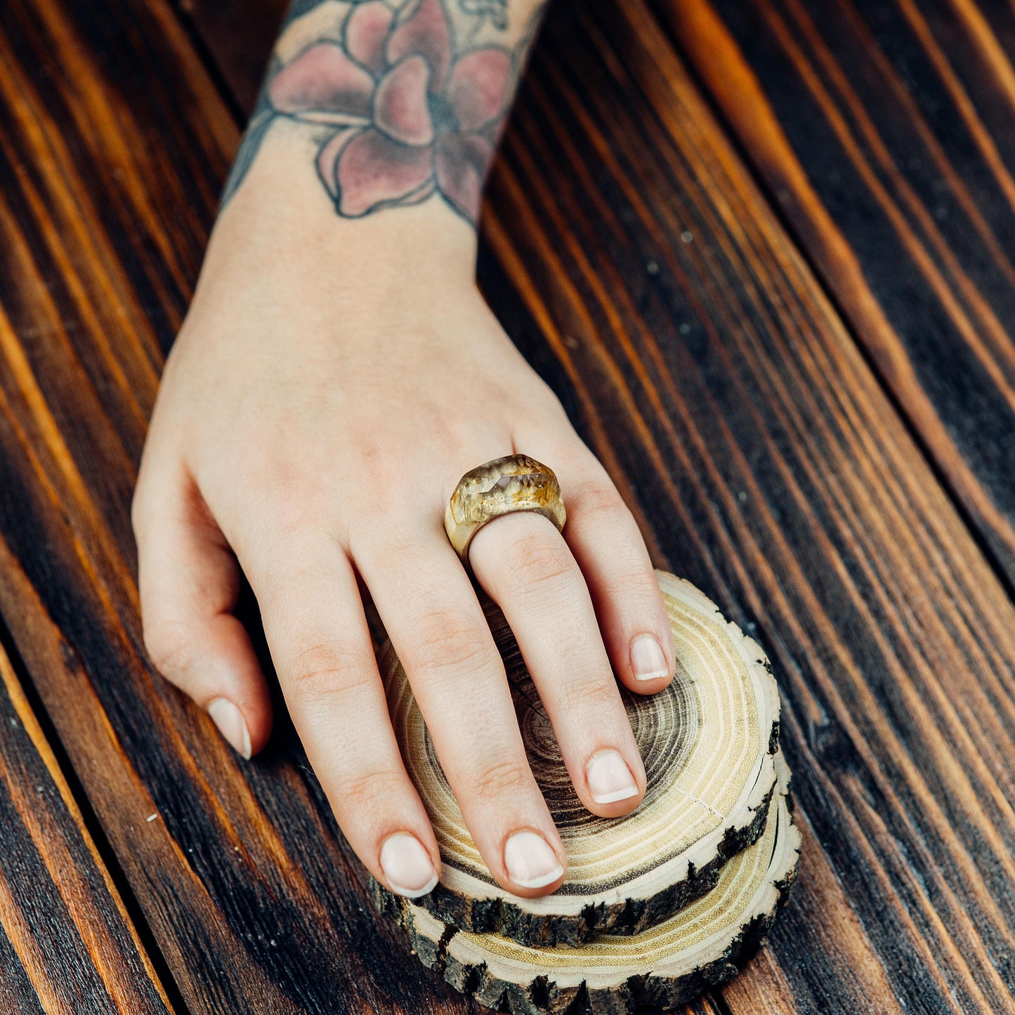 Handmade Exotic Burl Wood Resin Ring, Unique Women's Jewelry