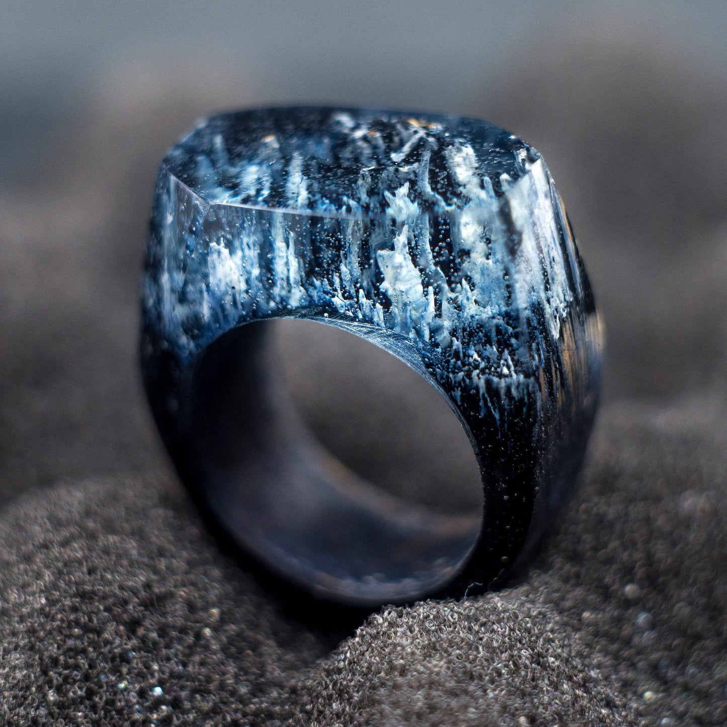 Winter Mountain Wood Resin Ring: Handmade Landscape Jewelry
