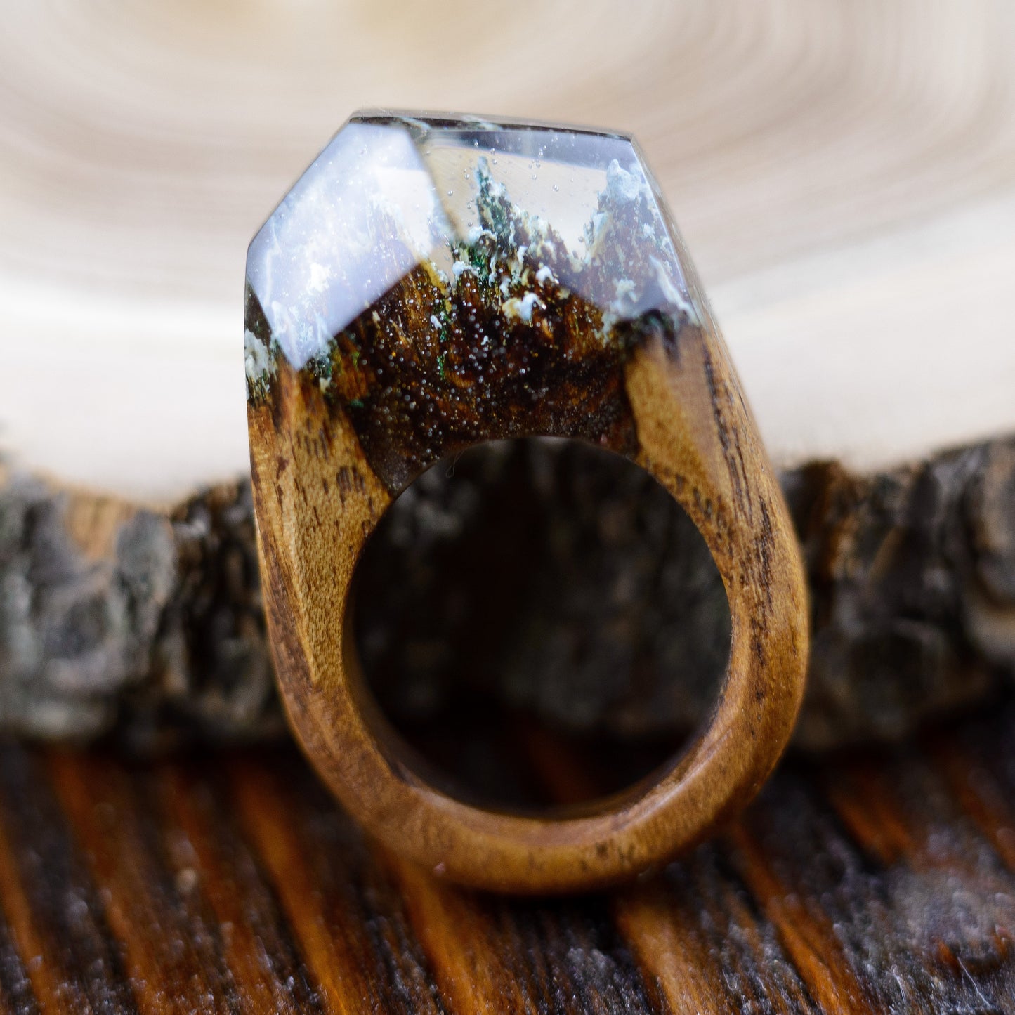 Handmade Wood Resin Ring: Secret Forest Landscape Jewelry