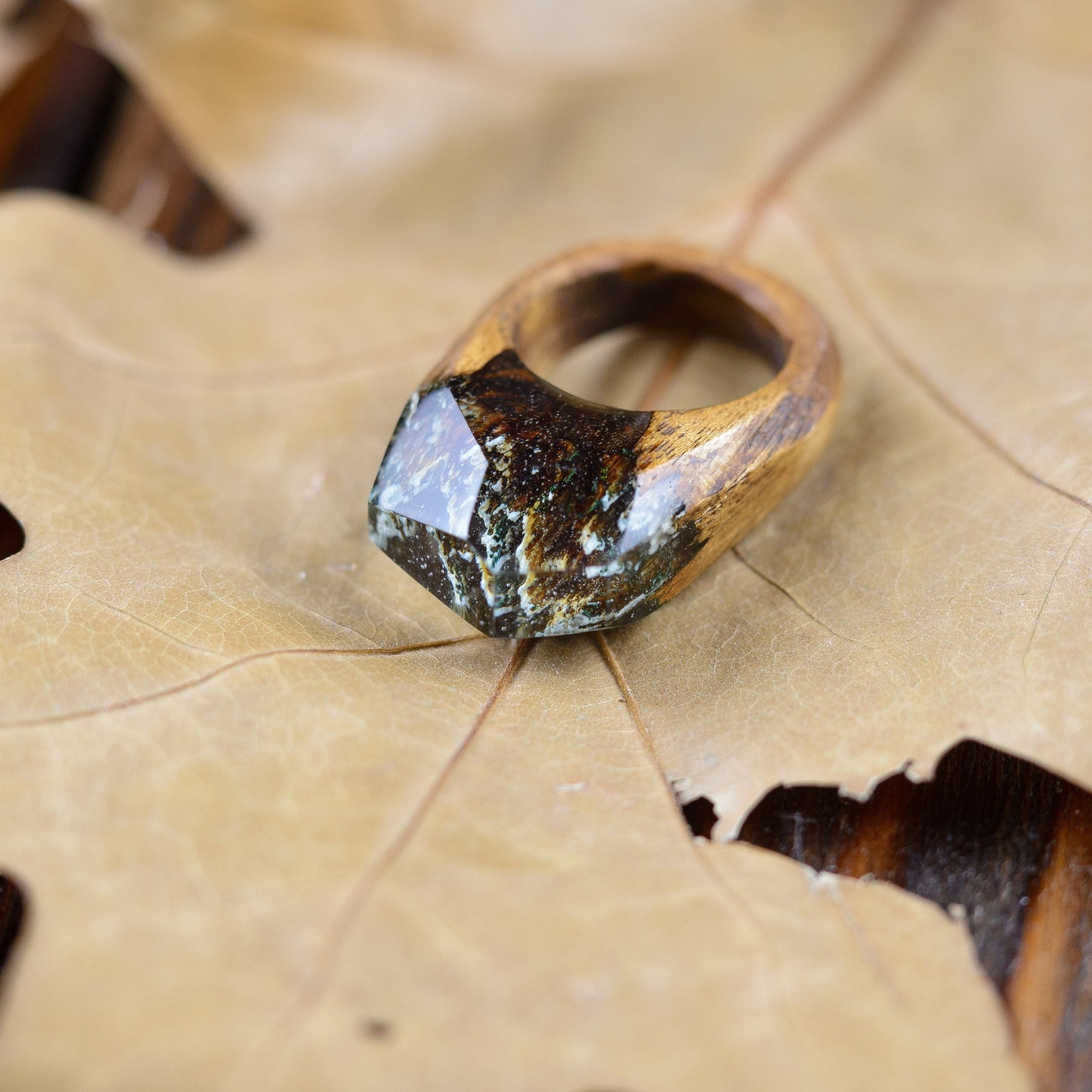 Handmade Wood Resin Ring: Secret Forest Landscape Jewelry
