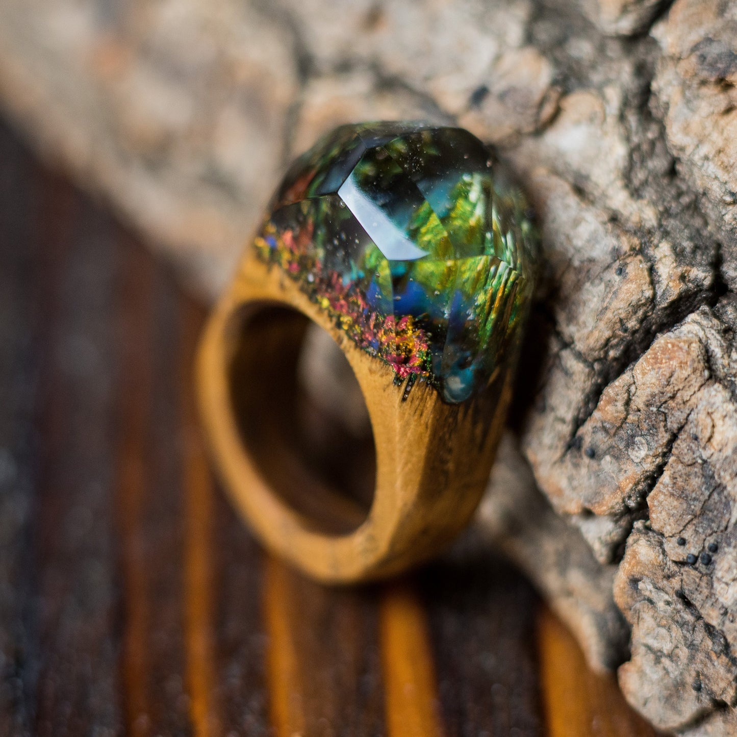 Handmade Wood Resin Ring: Forest Landscape Jewelry