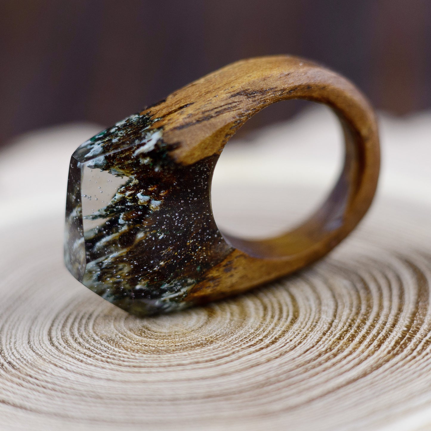Handmade Wood Resin Ring: Secret Forest Landscape Jewelry