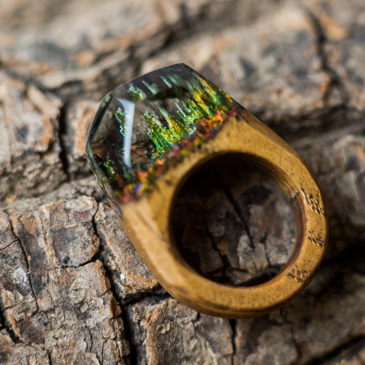 Handmade Wood Resin Ring: Forest Landscape Jewelry