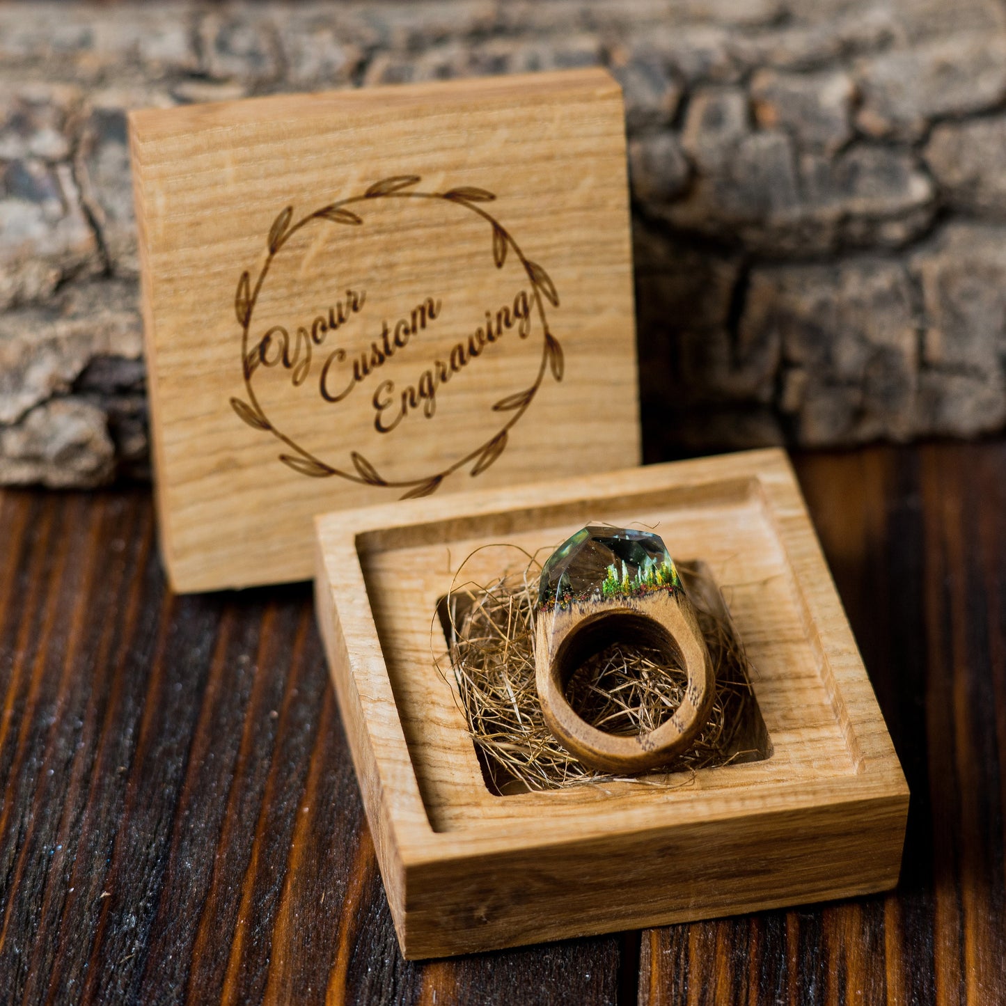 Handmade Wood Resin Ring: Forest Landscape Jewelry