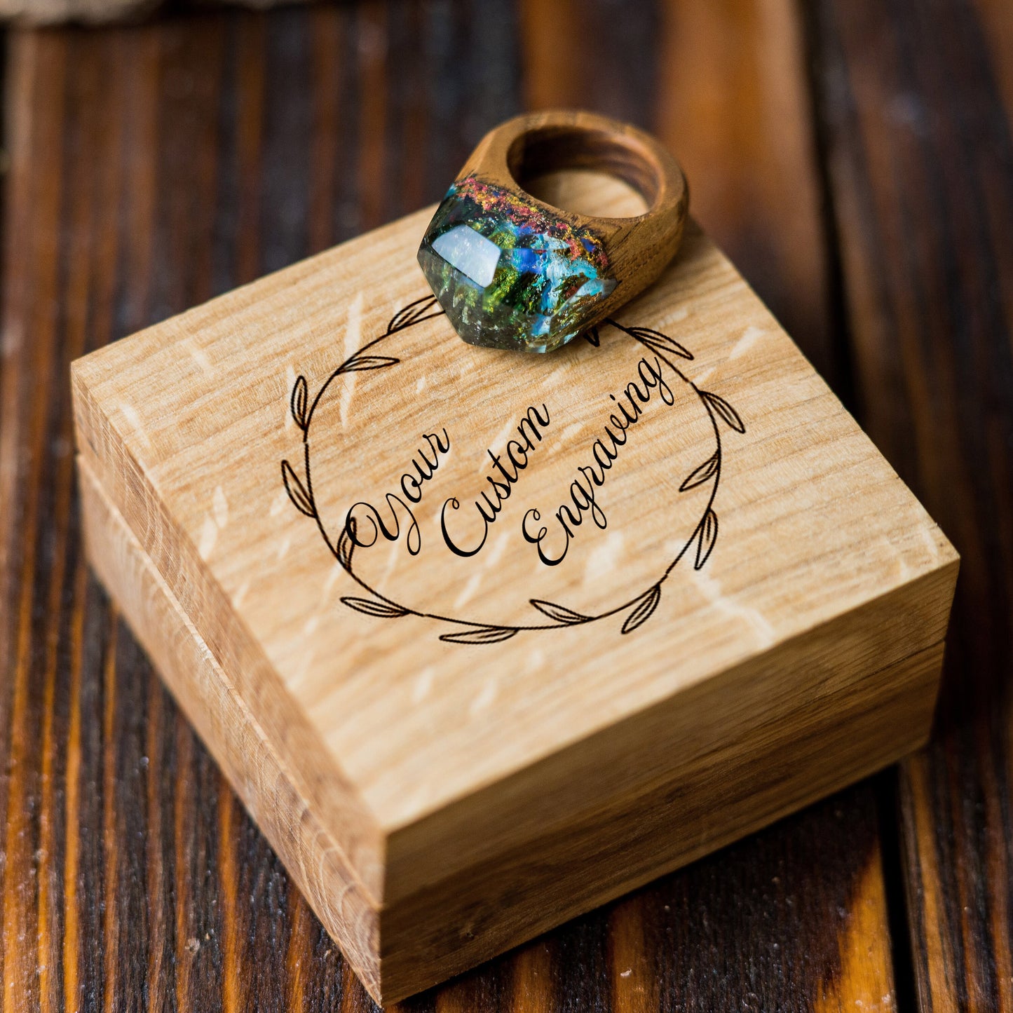 Handmade Wood Resin Ring: Forest Landscape Jewelry