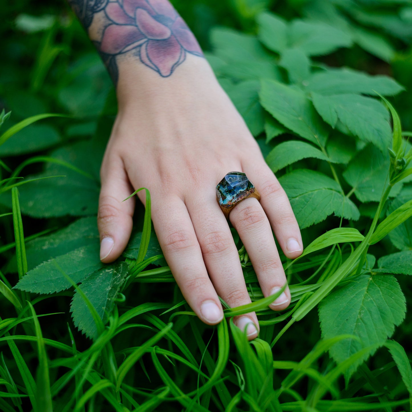 Handmade Wood Resin Ring: Forest Landscape Jewelry