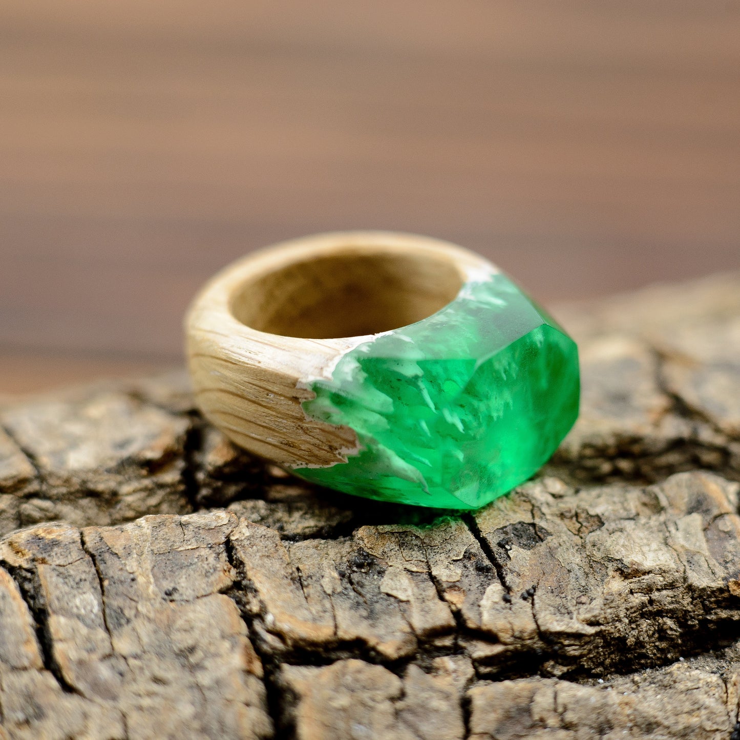 Green Resin Wood Ring, Handmade Hypoallergenic Jewelry, Ukraine Shop