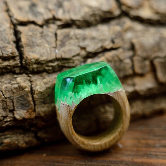 Green Resin Wood Ring, Handmade Hypoallergenic Jewelry, Ukraine Shop