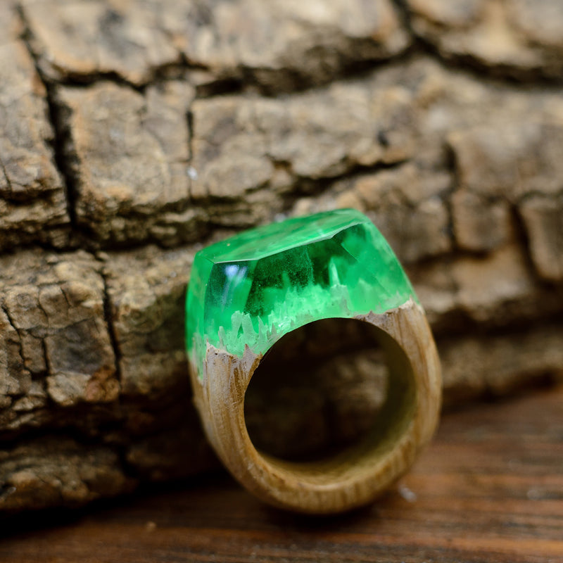 Green Resin Wood Ring, Handmade Hypoallergenic Jewelry, Ukraine Shop