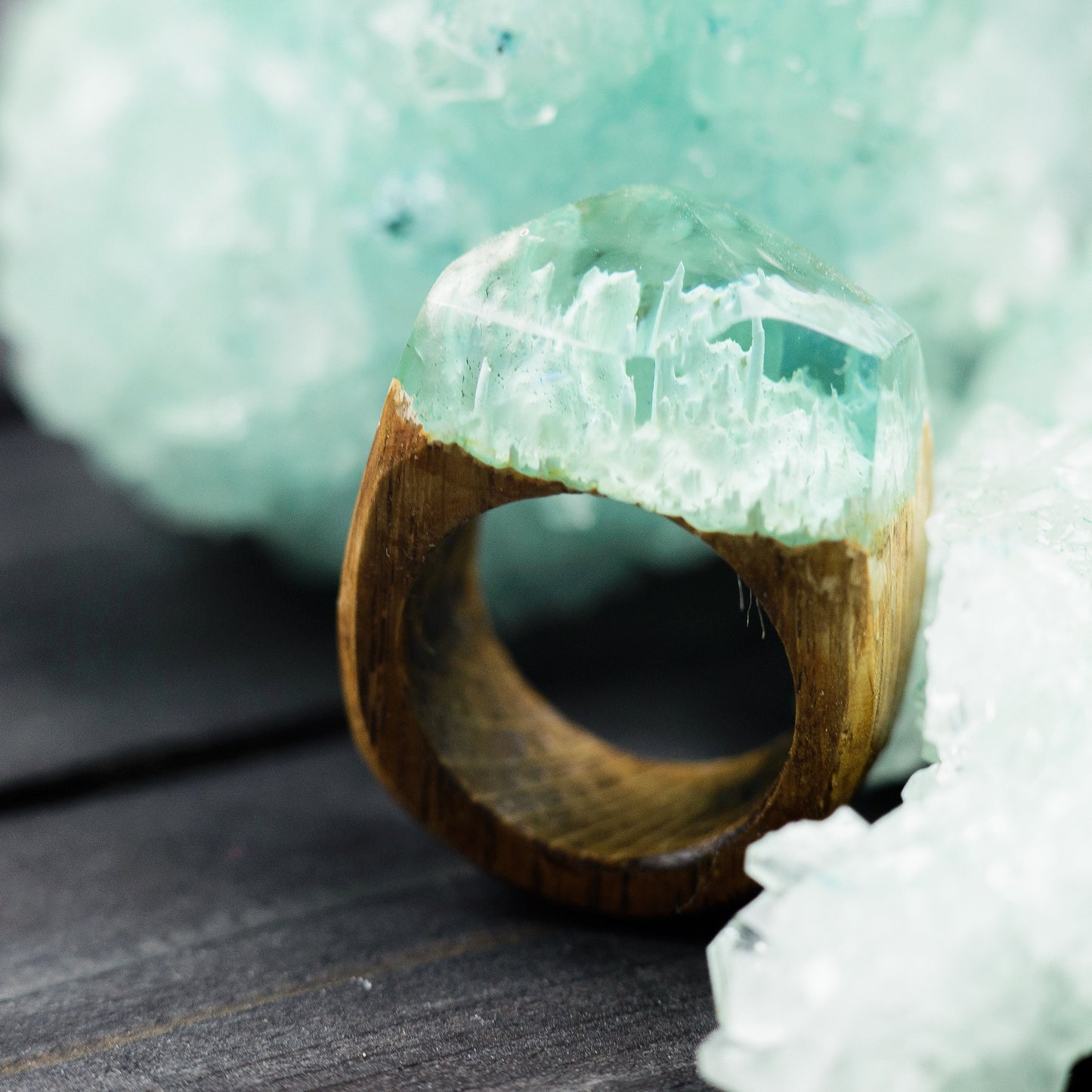 Oak Wood Resin Ring, Green Forest Landscape, Handmade
