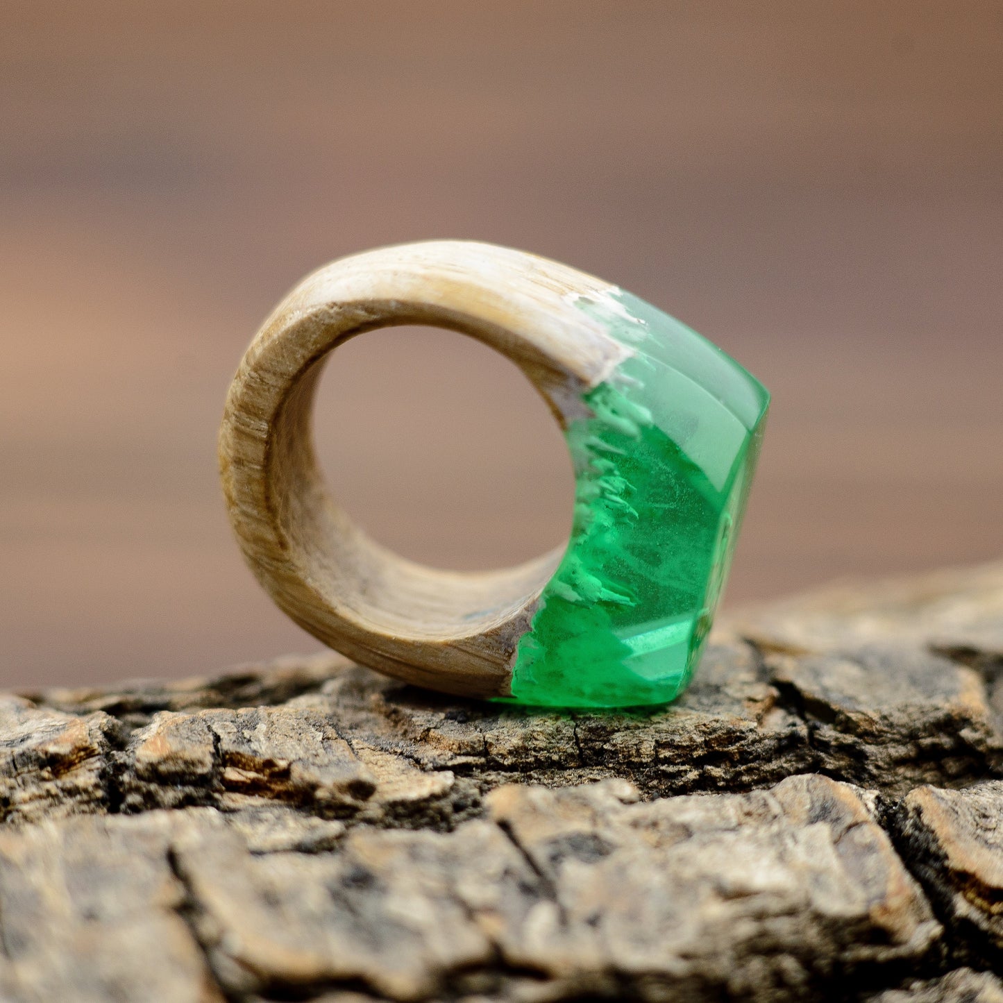 Green Resin Wood Ring, Handmade Hypoallergenic Jewelry, Ukraine Shop