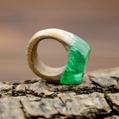 Green Resin Wood Ring, Handmade Hypoallergenic Jewelry, Ukraine Shop