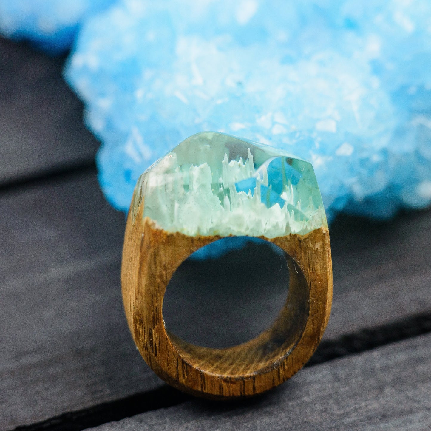 Oak Wood Resin Ring, Green Forest Landscape, Handmade