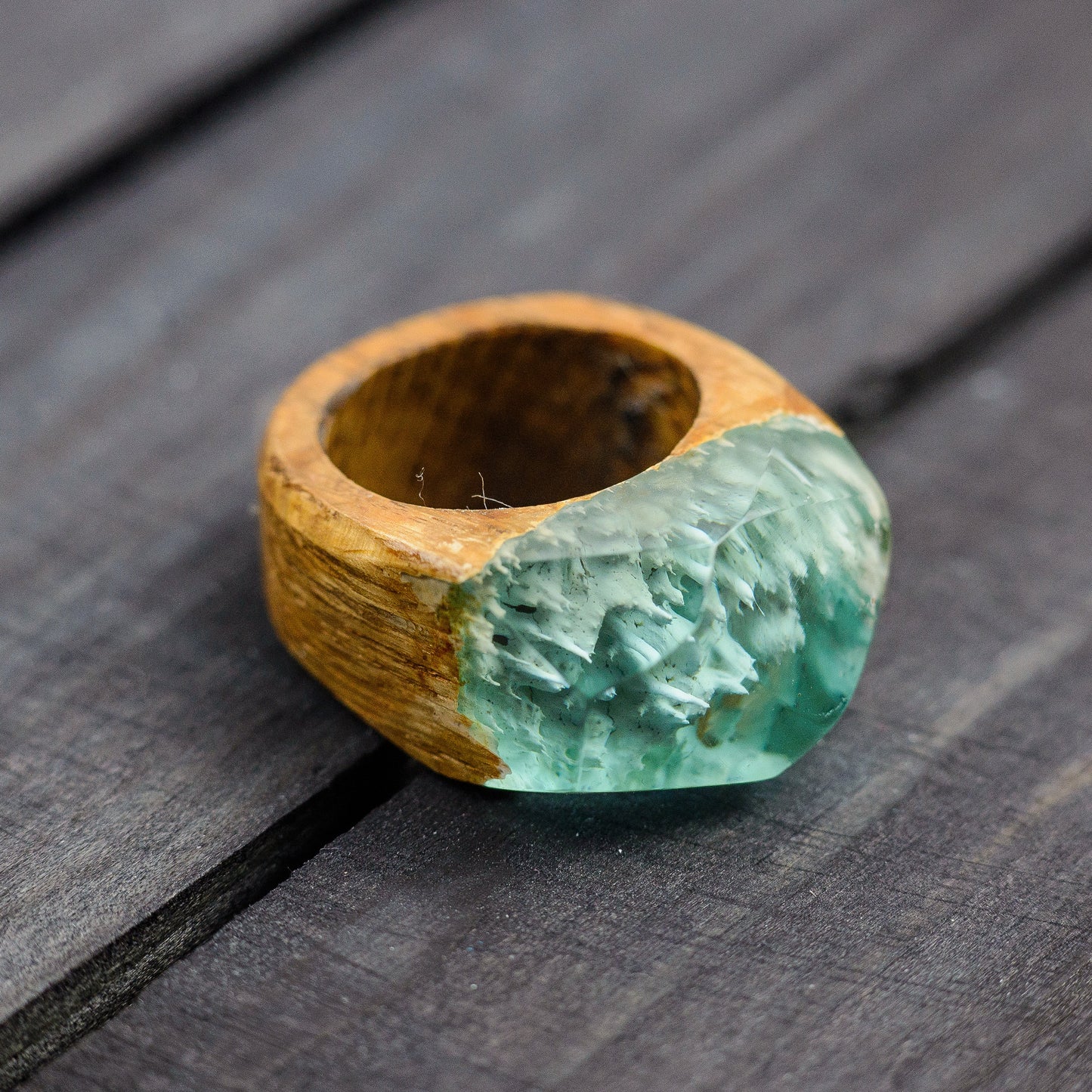 Oak Wood Resin Ring, Green Forest Landscape, Handmade
