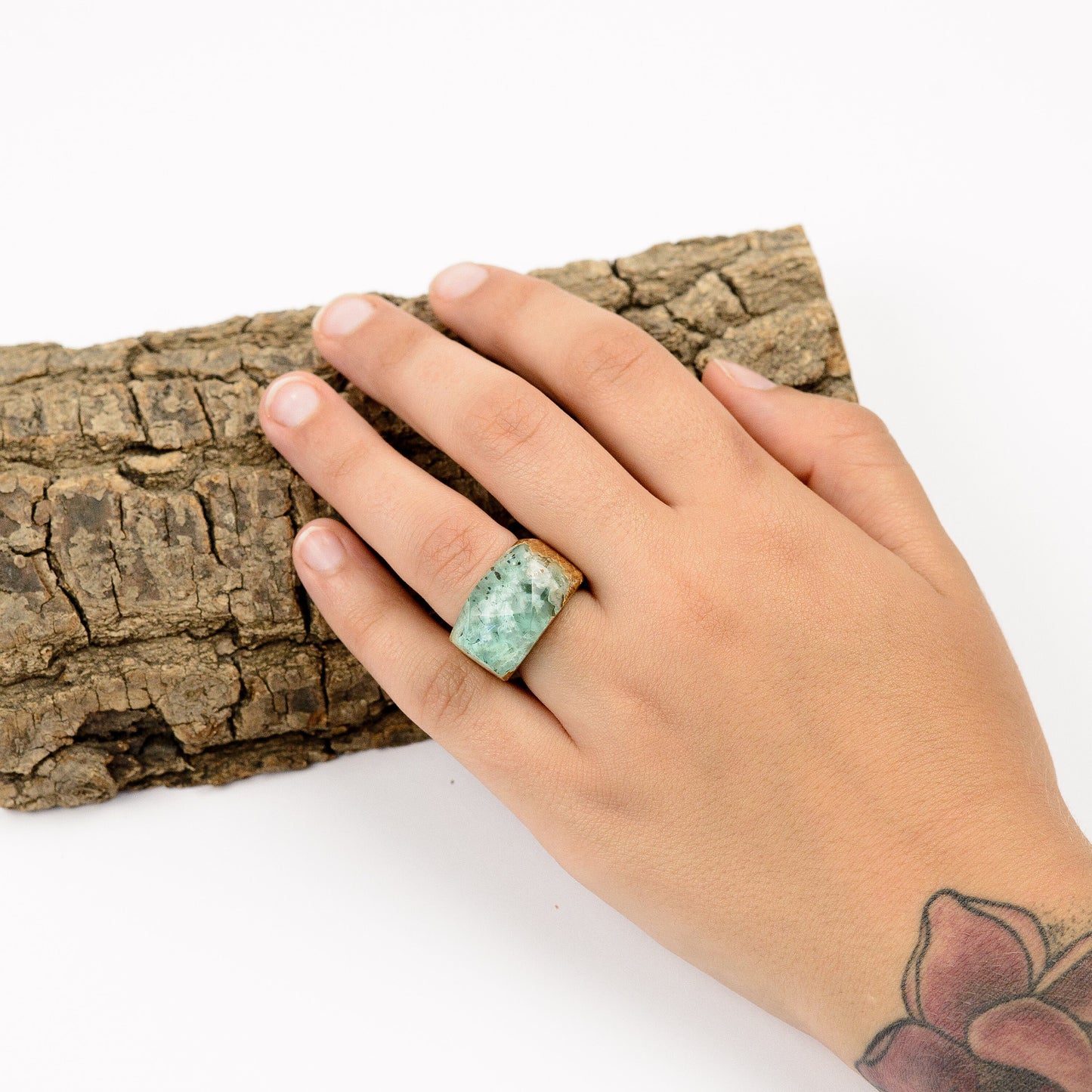 Oak Wood Resin Ring, Green Forest Landscape, Handmade