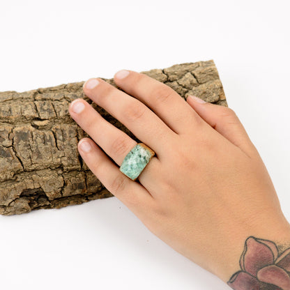 Oak Wood Resin Ring, Green Forest Landscape, Handmade