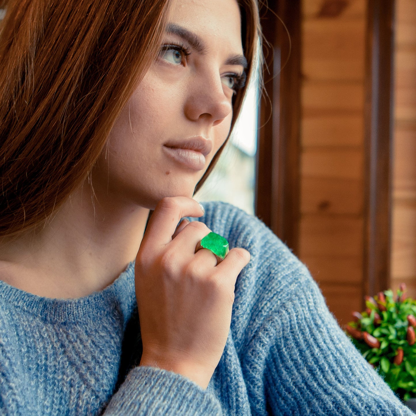 Green Resin Wood Ring, Handmade Hypoallergenic Jewelry, Ukraine Shop