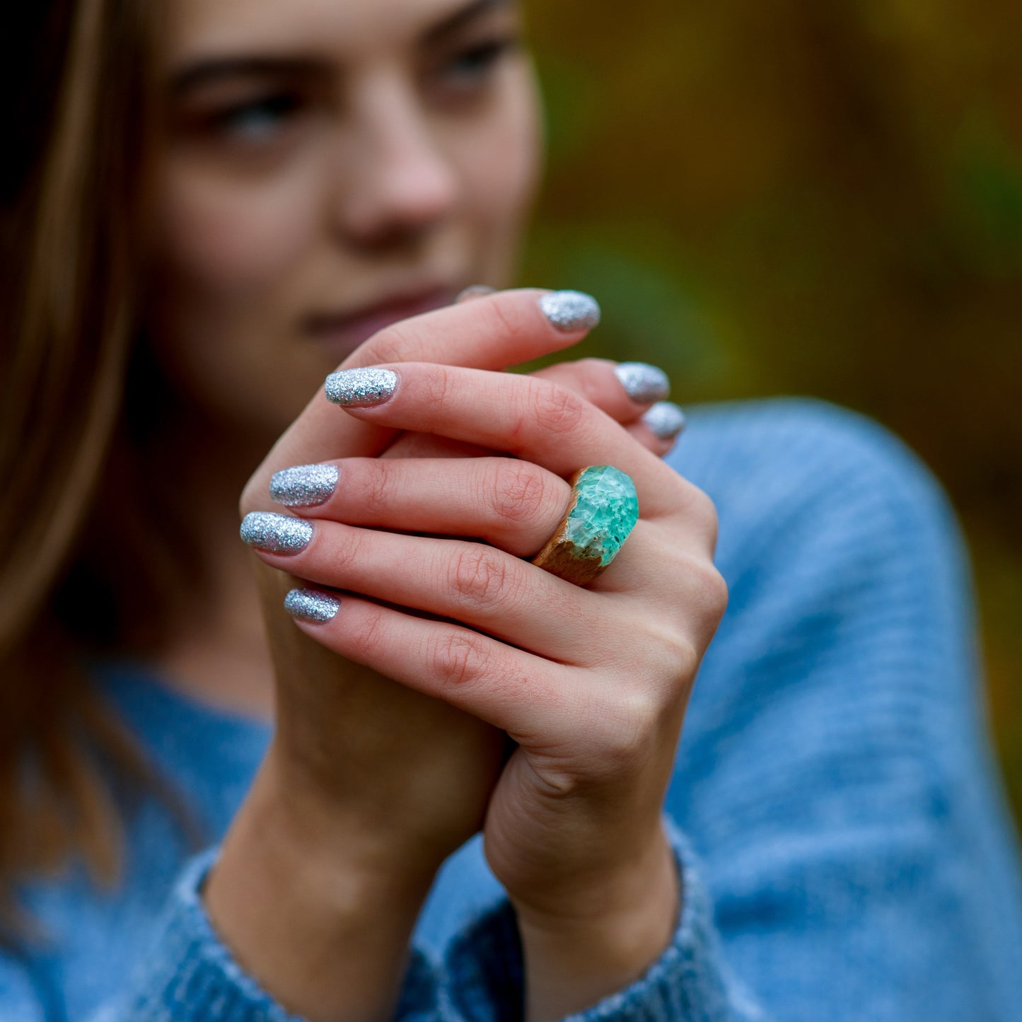 Oak Wood Resin Ring, Green Forest Landscape, Handmade
