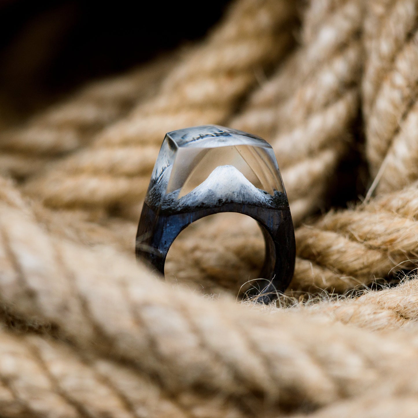 Fuji Mountain Resin Wood Ring: Handmade Nature Landscape Jewelry