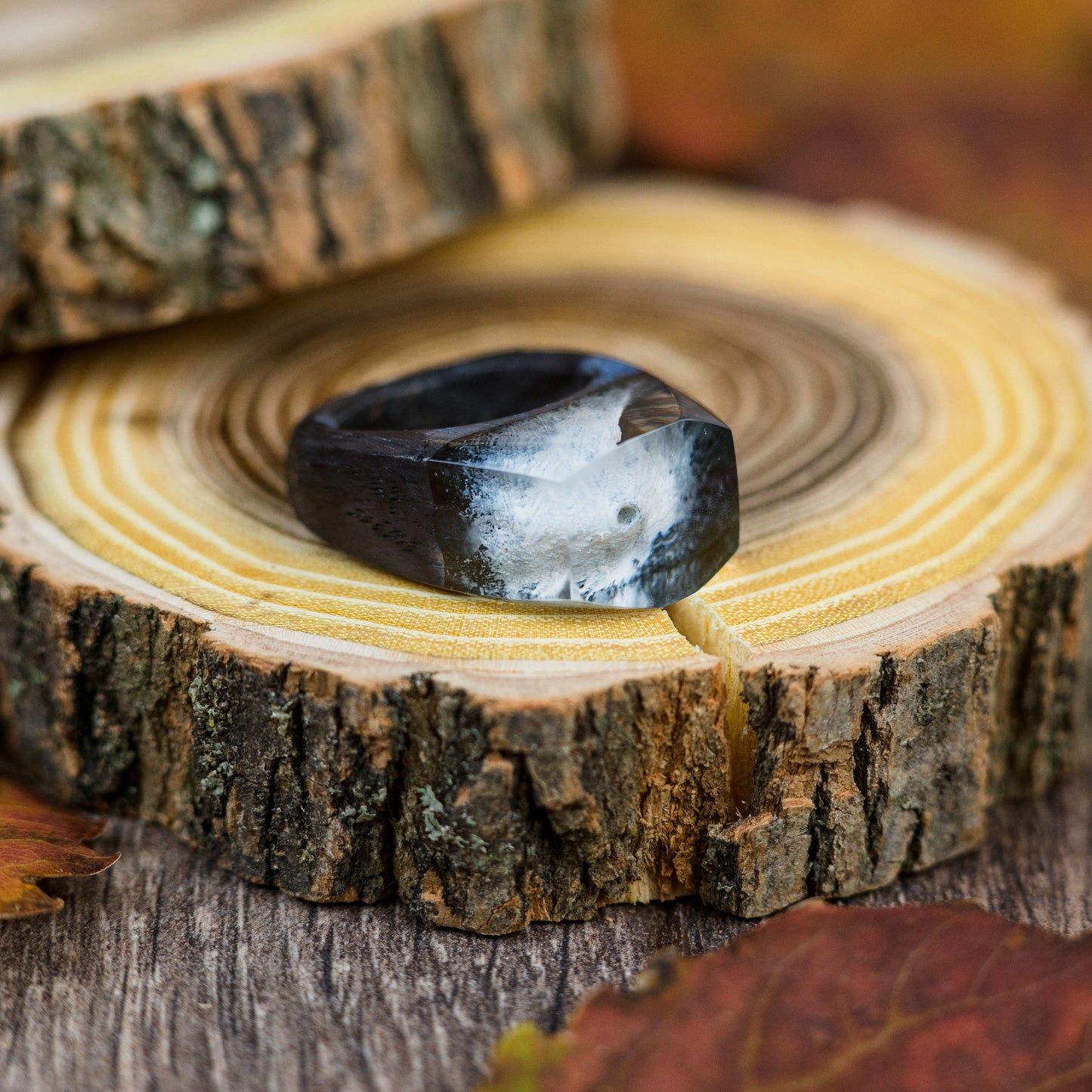 Fuji Mountain Resin Wood Ring: Handmade Nature Landscape Jewelry