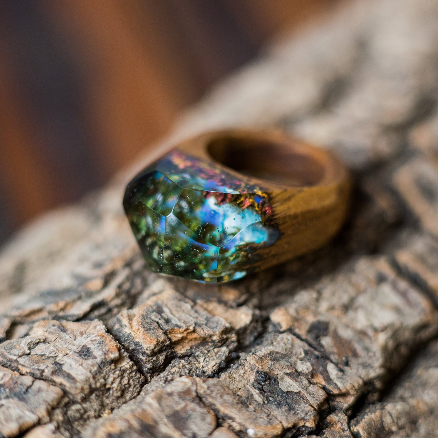 Handmade Wood Resin Ring: Forest Landscape Jewelry