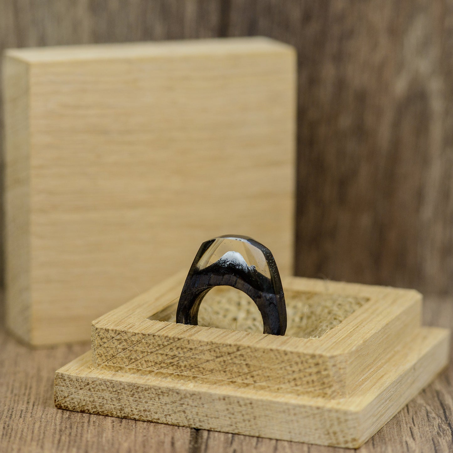 Personalized Wood Resin Ring for Women with Fuji Mountain Landscape Made in Ukraine