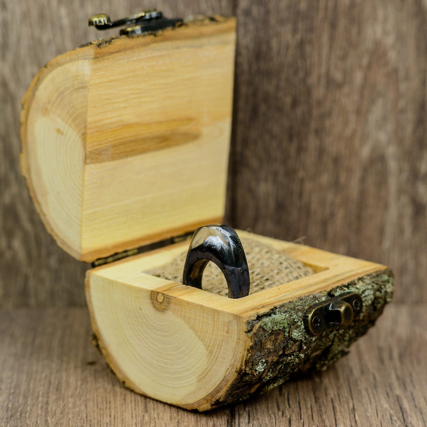 Personalized Wood Resin Ring for Women with Fuji Mountain Landscape Made in Ukraine