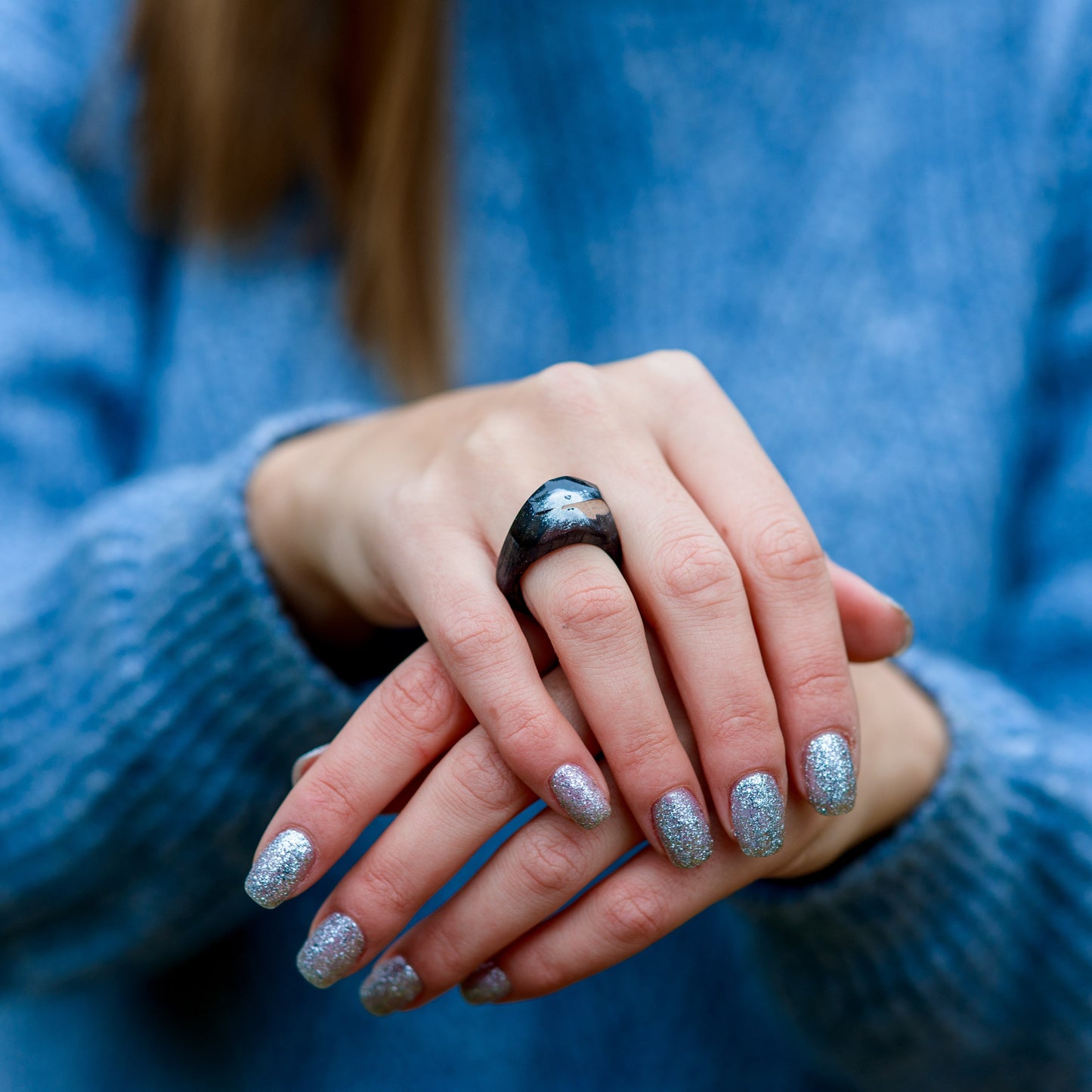 Personalized Wood Resin Ring for Women with Fuji Mountain Landscape Made in Ukraine