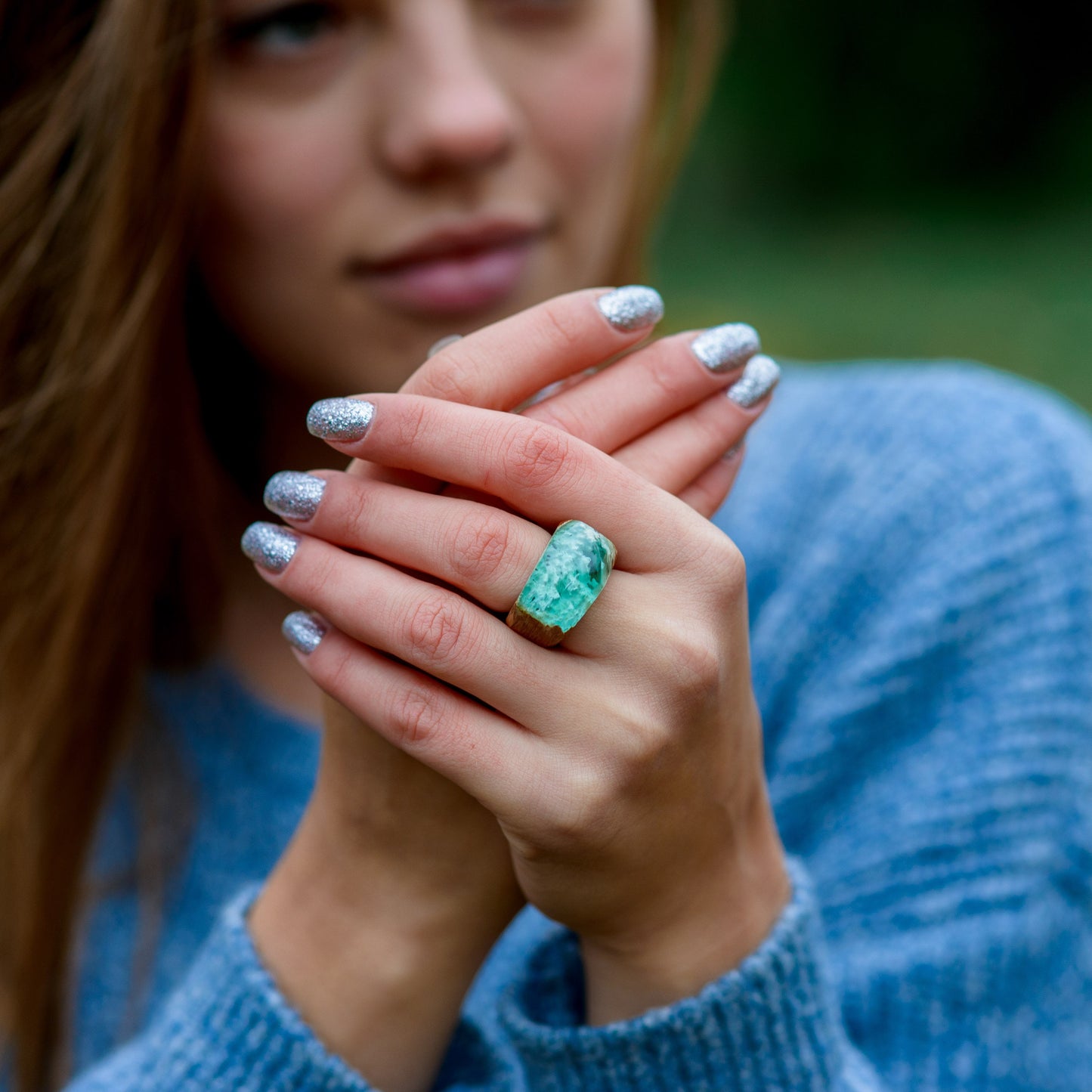 Oak Wood Resin Ring, Green Forest Landscape, Handmade
