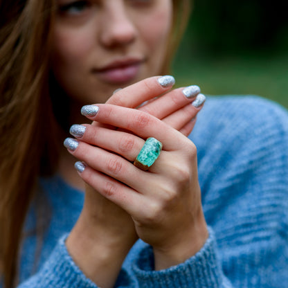 Oak Wood Resin Ring, Green Forest Landscape, Handmade