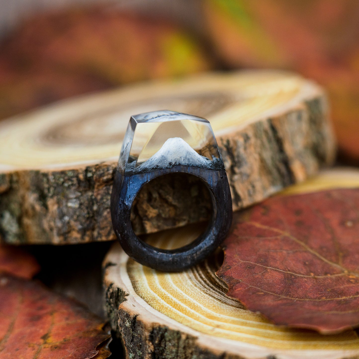 Fuji Mountain Resin Wood Ring: Handmade Nature Landscape Jewelry