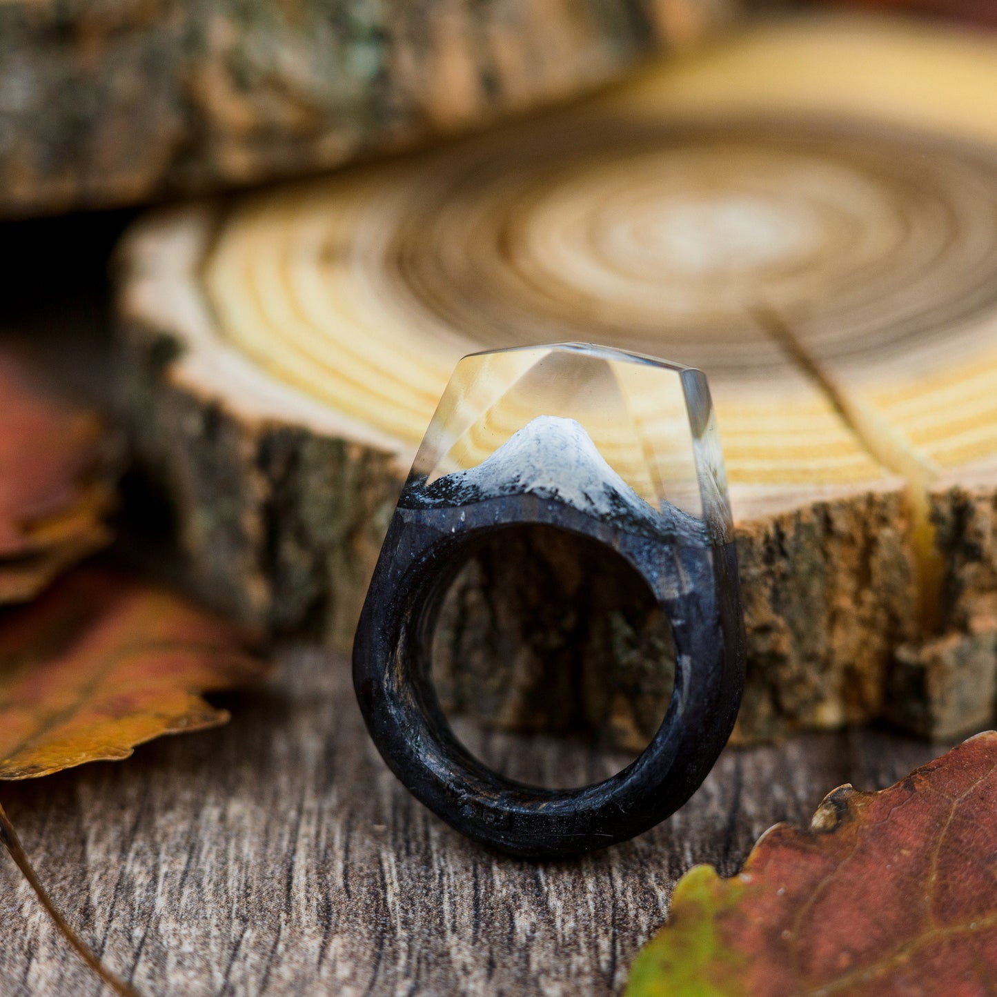 Fuji Mountain Resin Wood Ring: Handmade Nature Landscape Jewelry