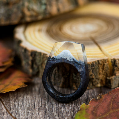 Fuji Mountain Resin Wood Ring: Handmade Nature Landscape Jewelry