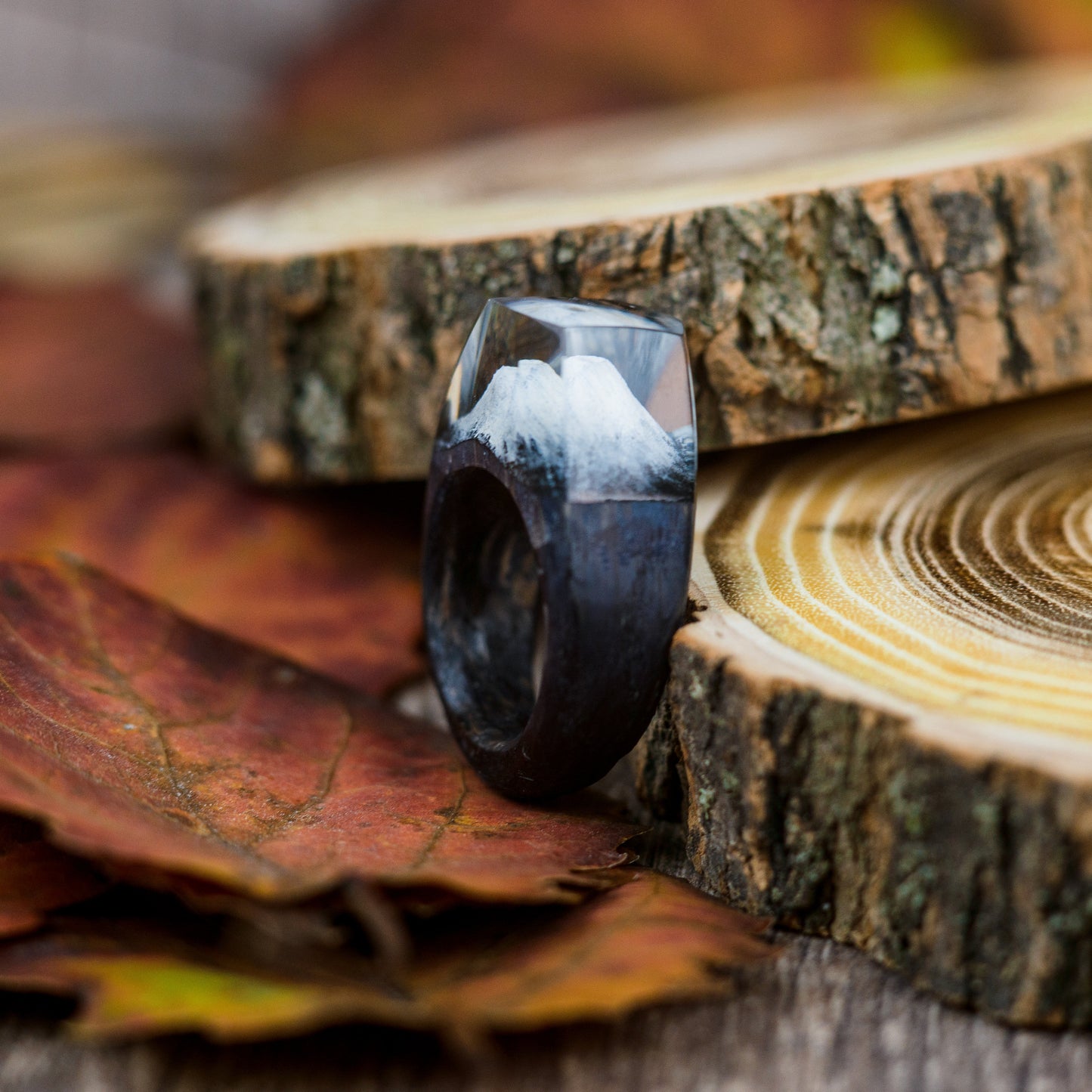 Fuji Mountain Resin Wood Ring: Handmade Nature Landscape Jewelry
