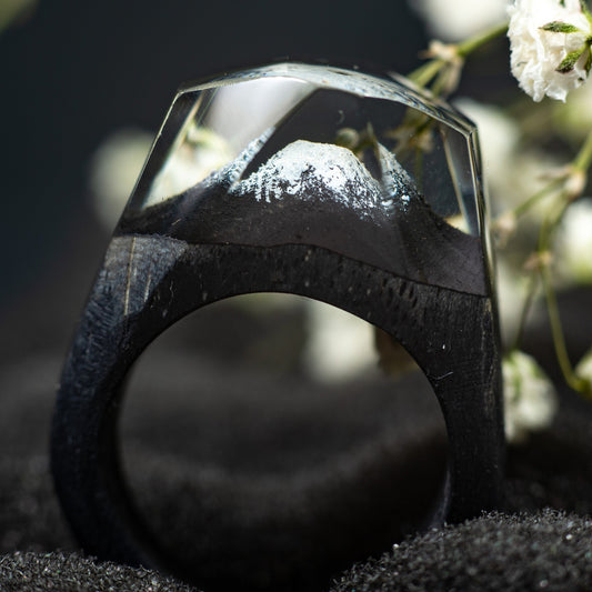 Personalized Wood Resin Ring for Women with Fuji Mountain Landscape Made in Ukraine