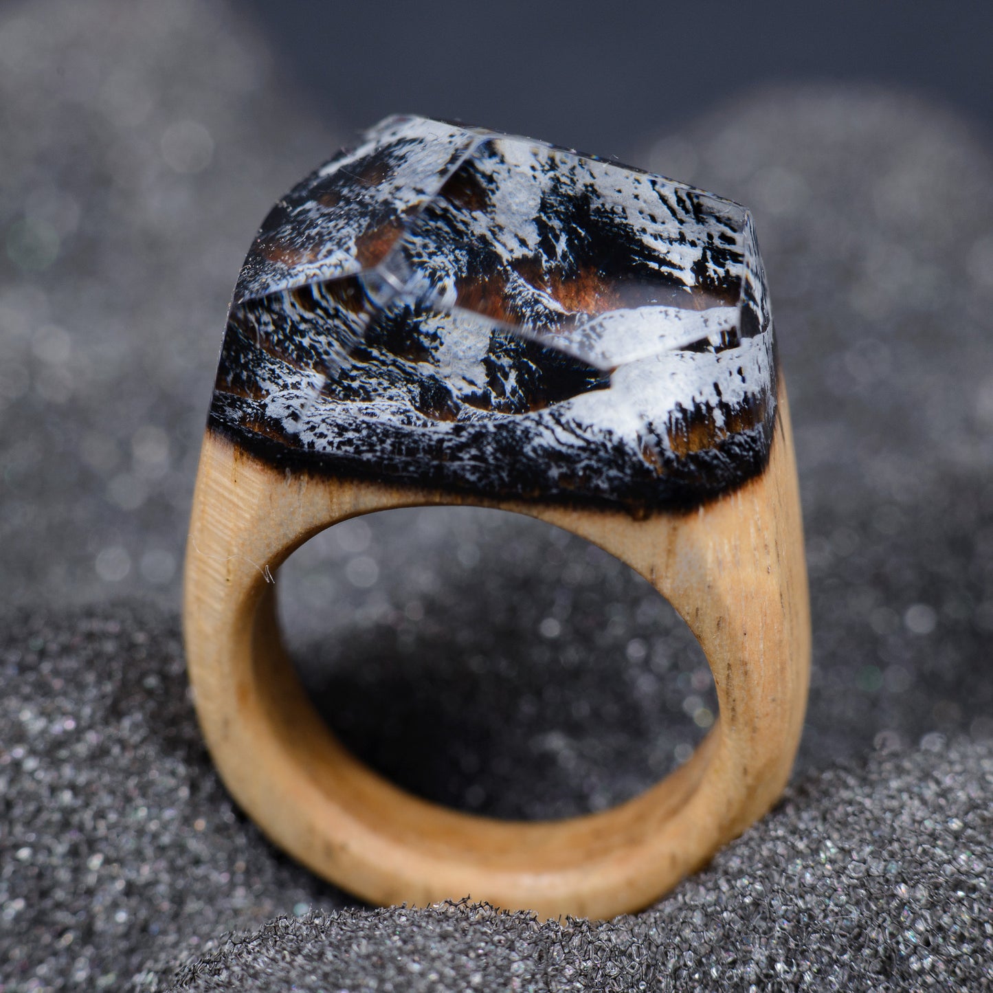 Handmade Mountain Landscape Resin Wood Ring, Anniversary Gift