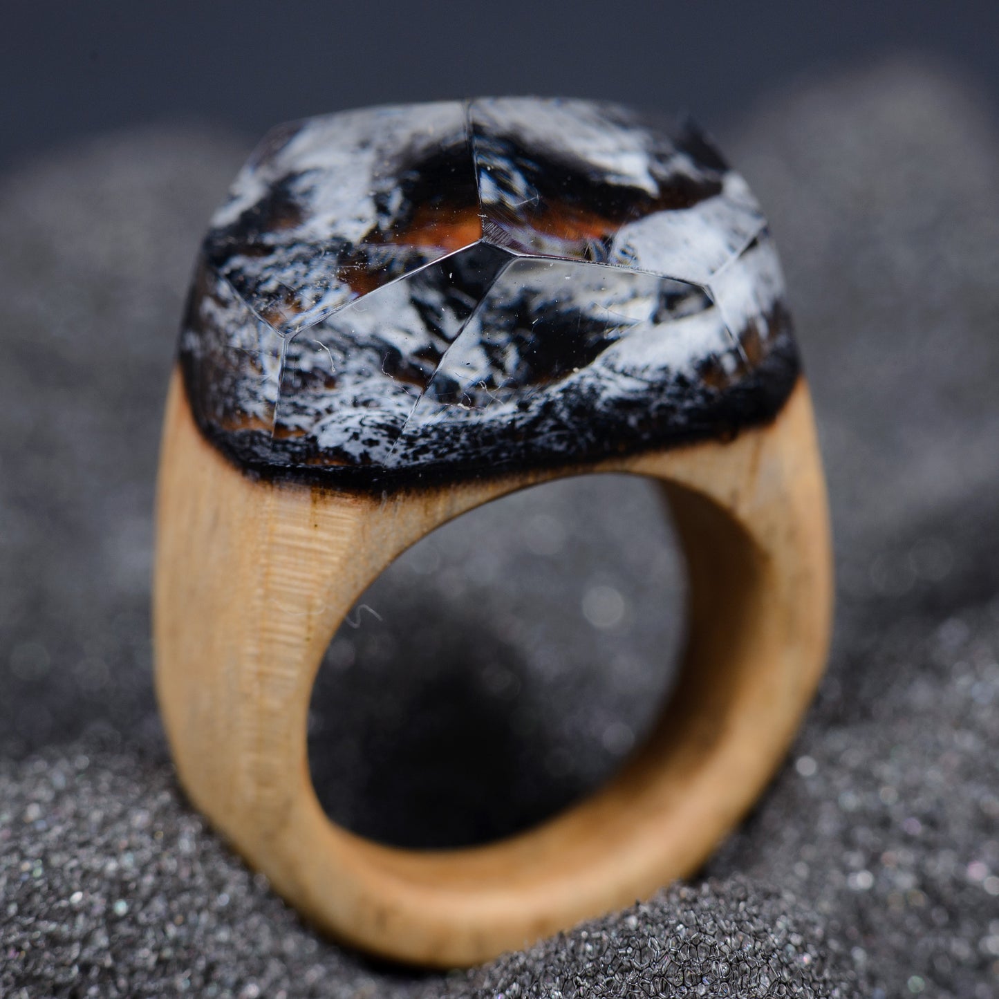 Handmade Mountain Landscape Resin Wood Ring, Anniversary Gift