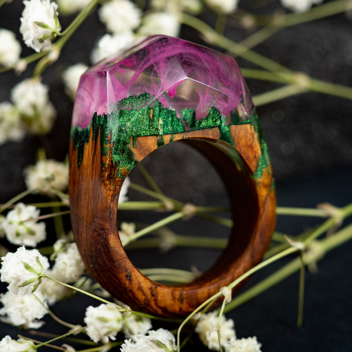 Pink Aurora Borealis Personalized Wood Resin Ring Anniversary  Gift for Women