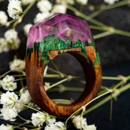Pink Aurora Borealis Personalized Wood Resin Ring Anniversary  Gift for Women