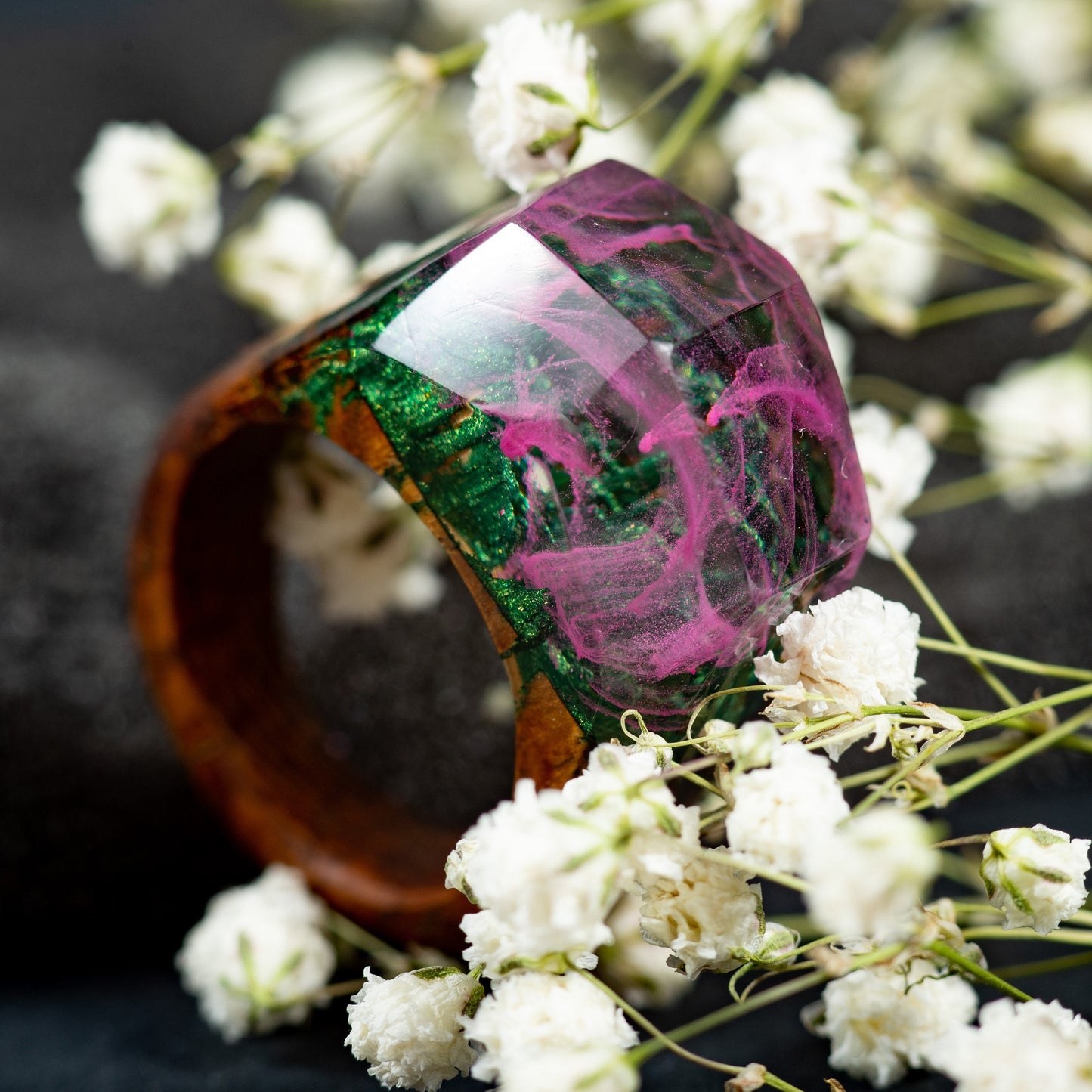 Pink Aurora Borealis Personalized Wood Resin Ring Anniversary  Gift for Women