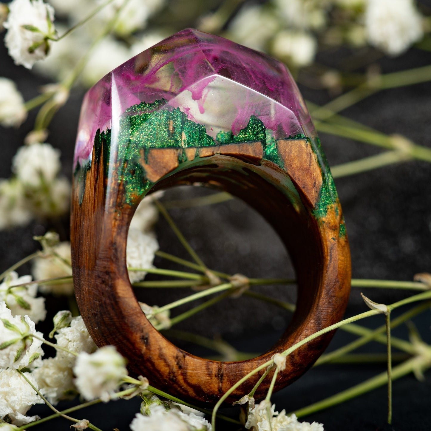 Pink Aurora Borealis Personalized Wood Resin Ring Anniversary  Gift for Women