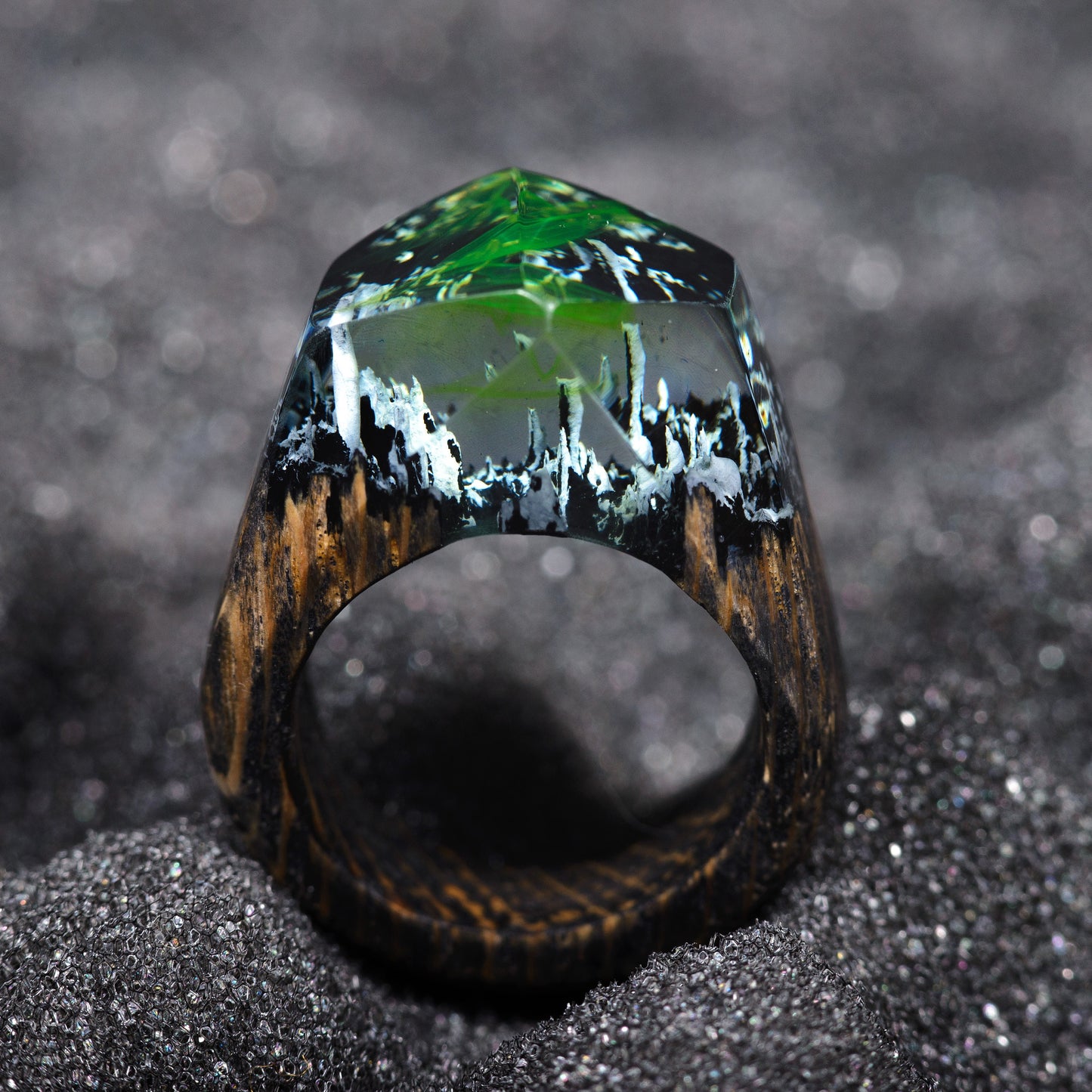 Green Aurora Borealis Resin Wood Ring, Handmade Oak Band
